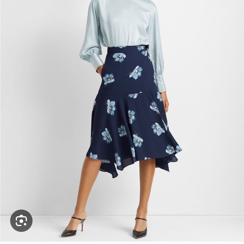 Club Monaco Blue Midi Fit and Flare Wrap Skirt with Asymmetrical Hem